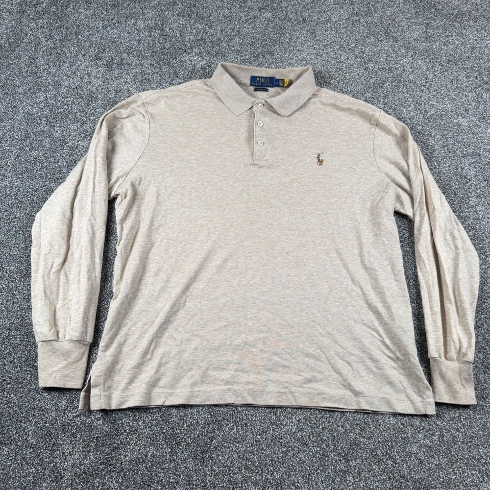 Polo Ralph Lauren Polo Shirt Medium Tan Long Sleeve Classic Fit Heathered Pony - Picture 3 of 6